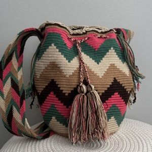 Wayuu Tribe Handmade Pink and Green Chevron Shoulder Bag